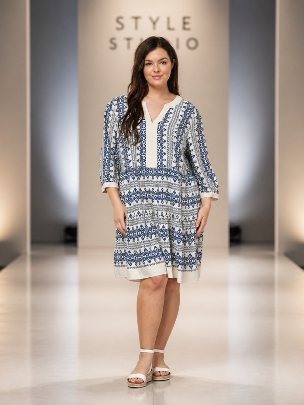 Women's Blue and Cream Printed V-Neck Dress